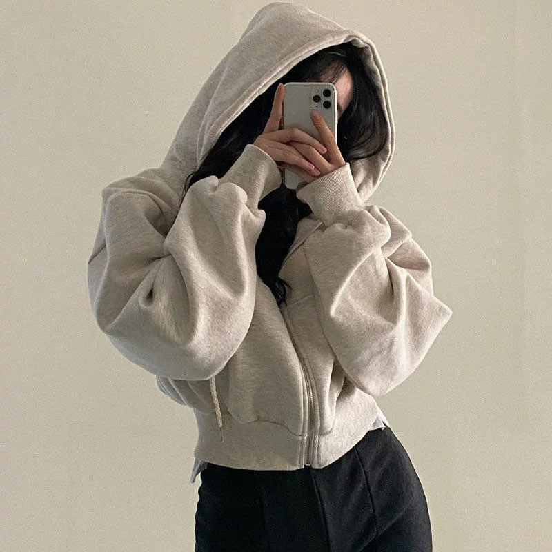 Xinyu Autumn and Winter New Velvet Versatile Fashionable Short Design Slim Zipper Warm Pure Color Hooded Sweatshirt - 4