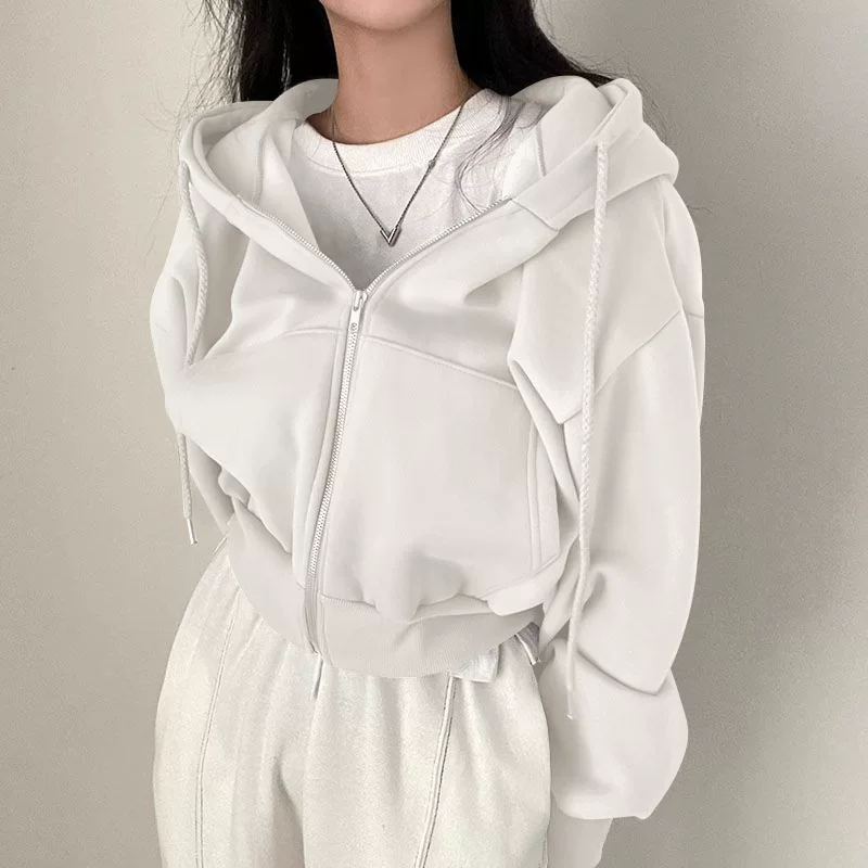 Xinyu Autumn and Winter New Velvet Versatile Fashionable Short Design Slim Zipper Warm Pure Color Hooded Sweatshirt - 3