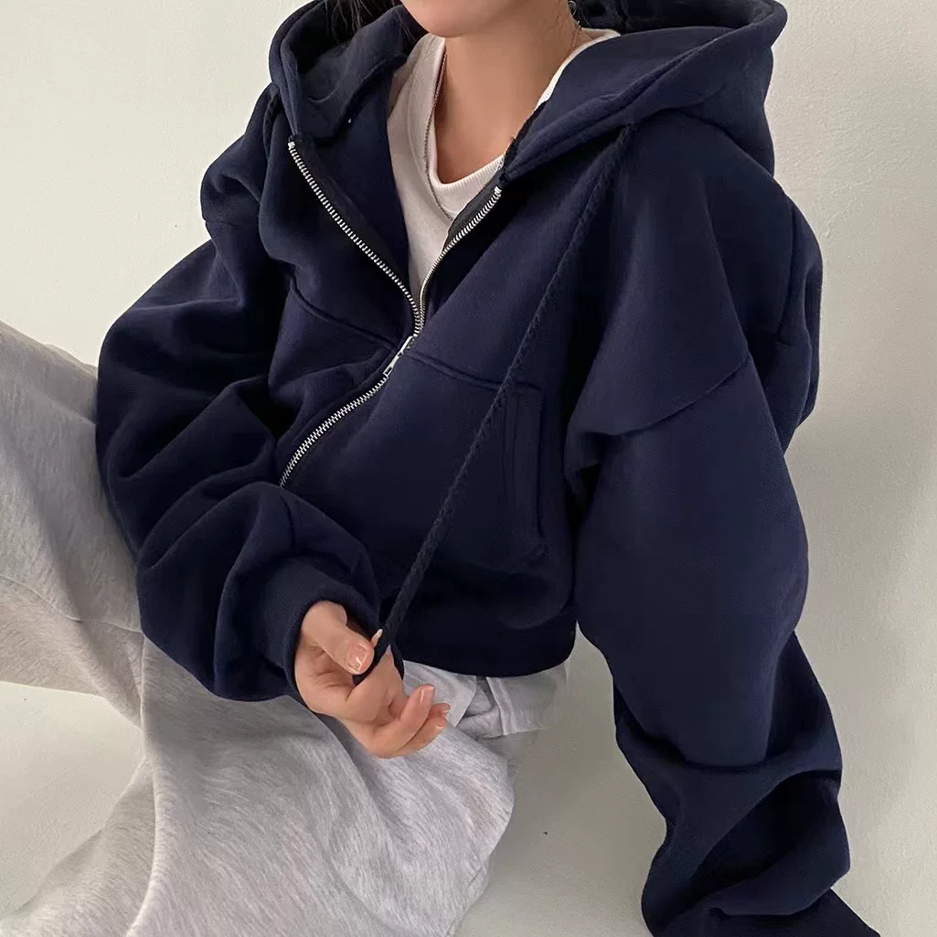 Xinyu Autumn and Winter New Velvet Versatile Fashionable Short Design Slim Zipper Warm Pure Color Hooded Sweatshirt - 2