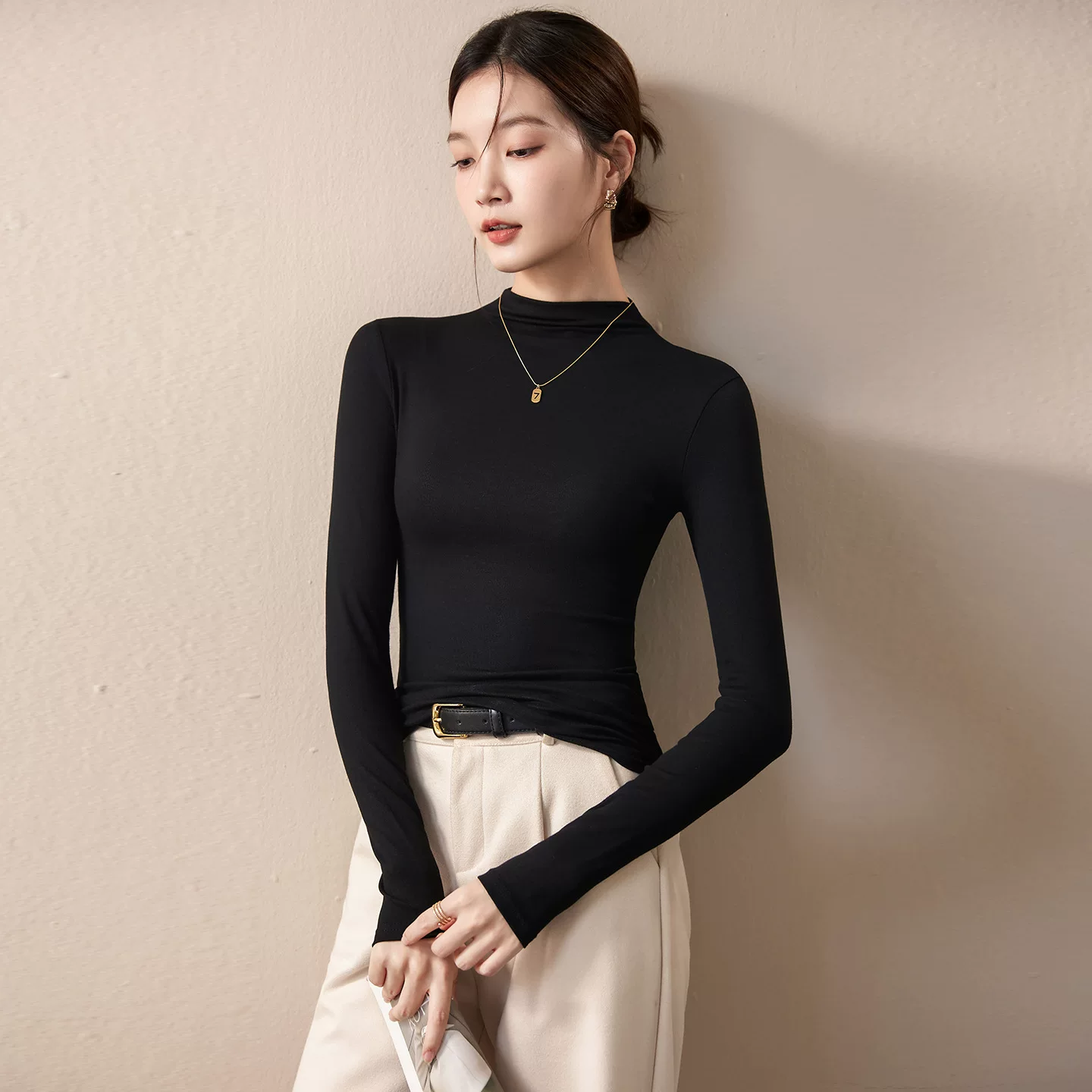Modal Half-Turtleneck Base Shirt for Women, Suitable for Layering or Wearing Alone, Autumn/Winter 2026 New Style, High-End Black Stylish Top - 6